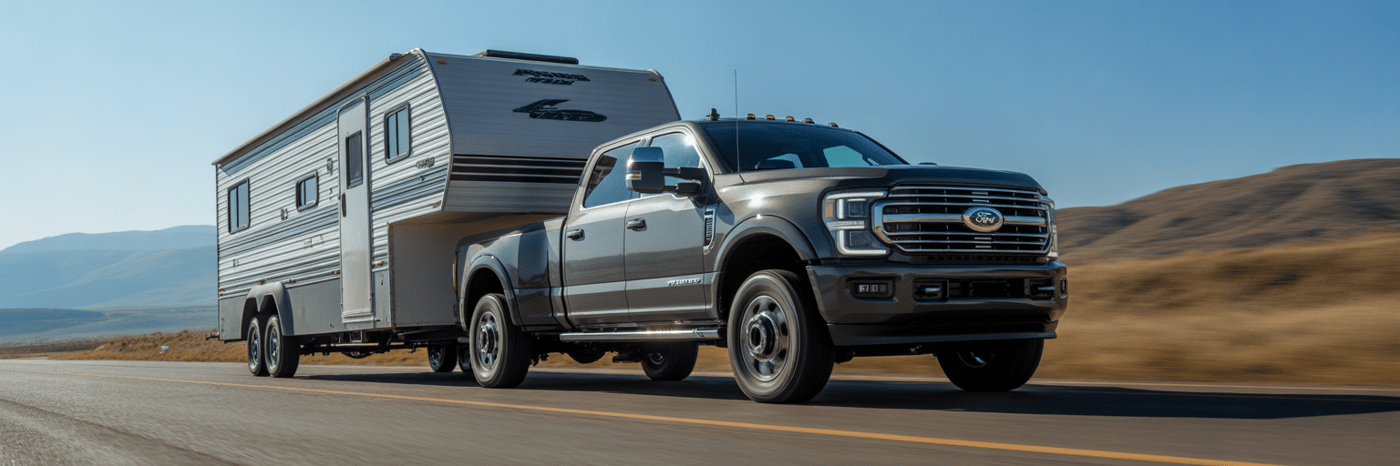 Modern diesel truck towing large trailer.