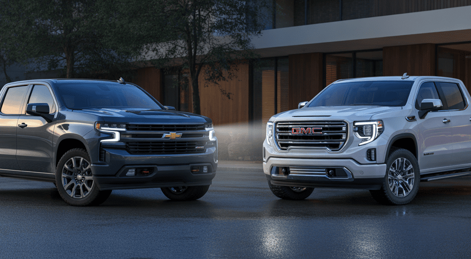 Chevrolet Silverado and GMC Sierra face-off at dusk.