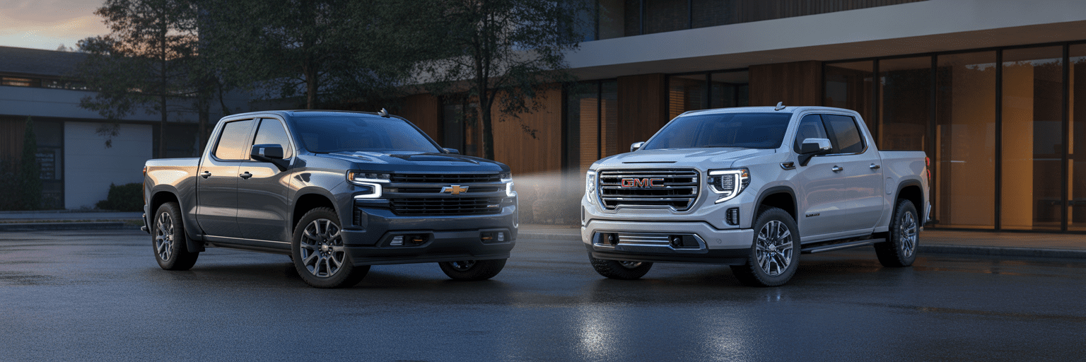 Chevrolet Silverado and GMC Sierra face-off at dusk.