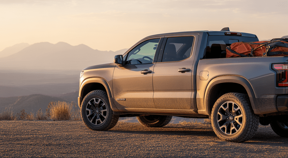 Midsize pickup truck at scenic mountain overlook.