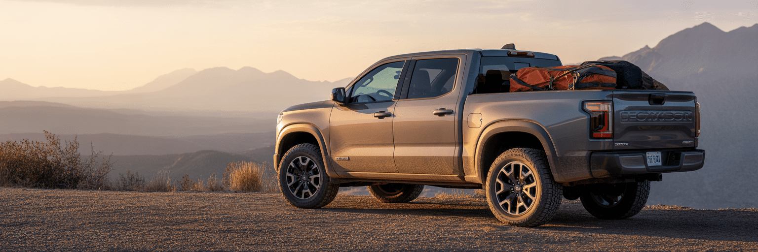 Midsize pickup truck at scenic mountain overlook.