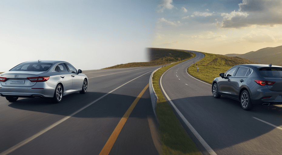 A road splitting into a highway and a winding country road.