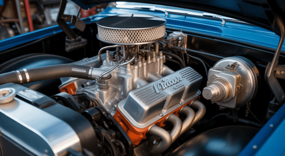 Powerful engine in classic pickup truck.