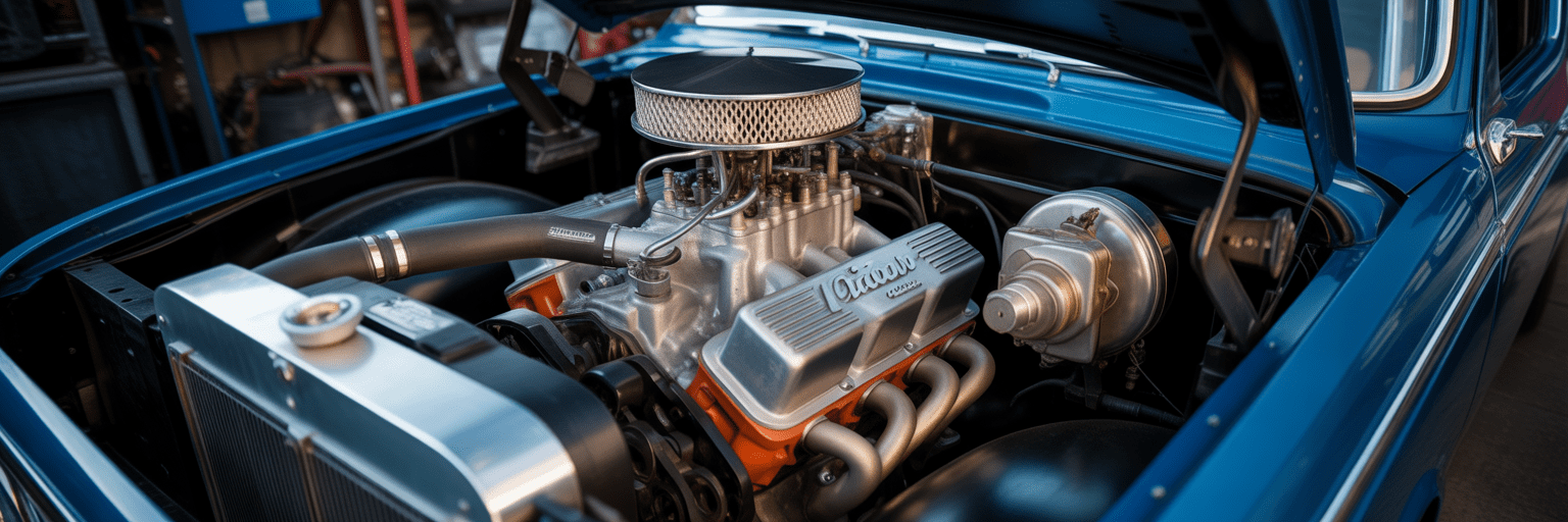 Powerful engine in classic pickup truck.