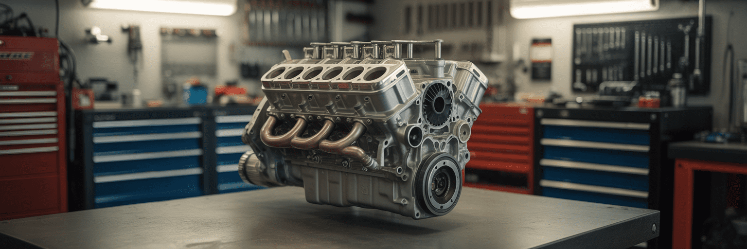 GM V8 engine on a stand in a workshop