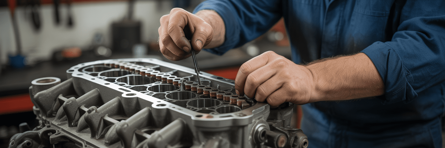 Mechanic inspecting Ford engine timing chain.