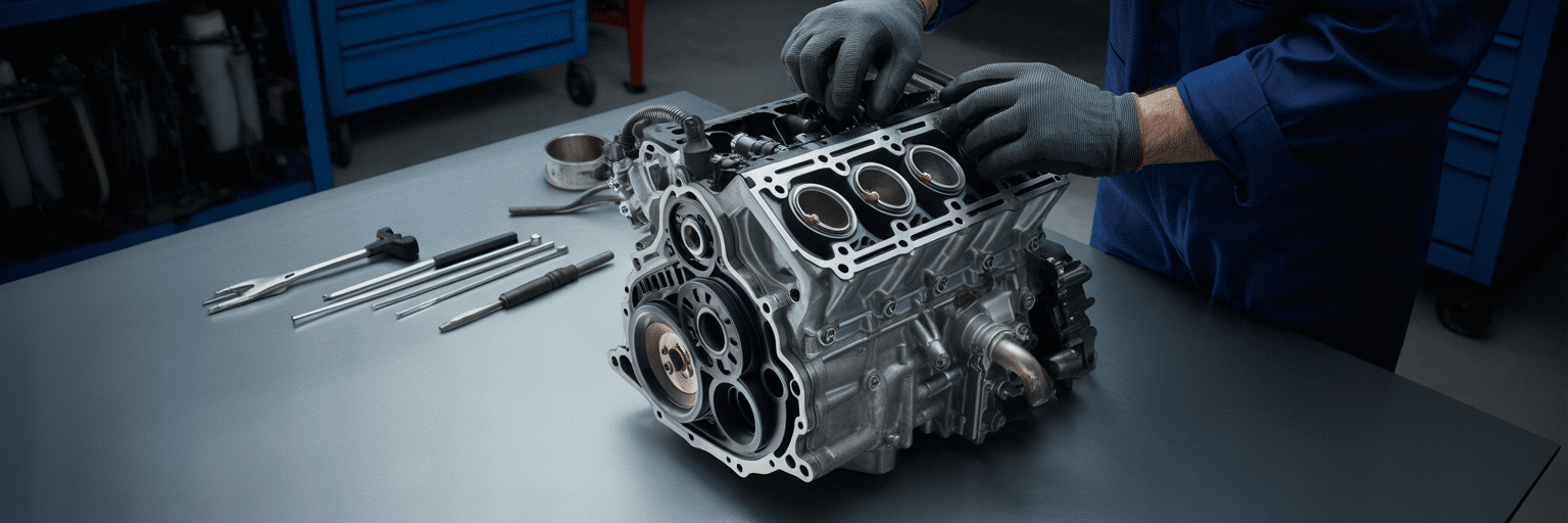 Mechanic working on Subaru boxer engine.