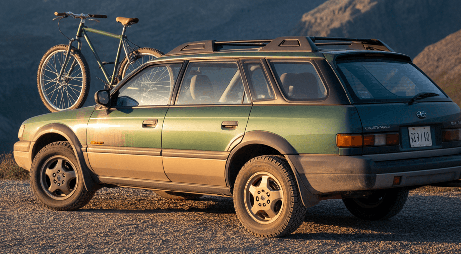 Vintage Subaru Outback in mountains.