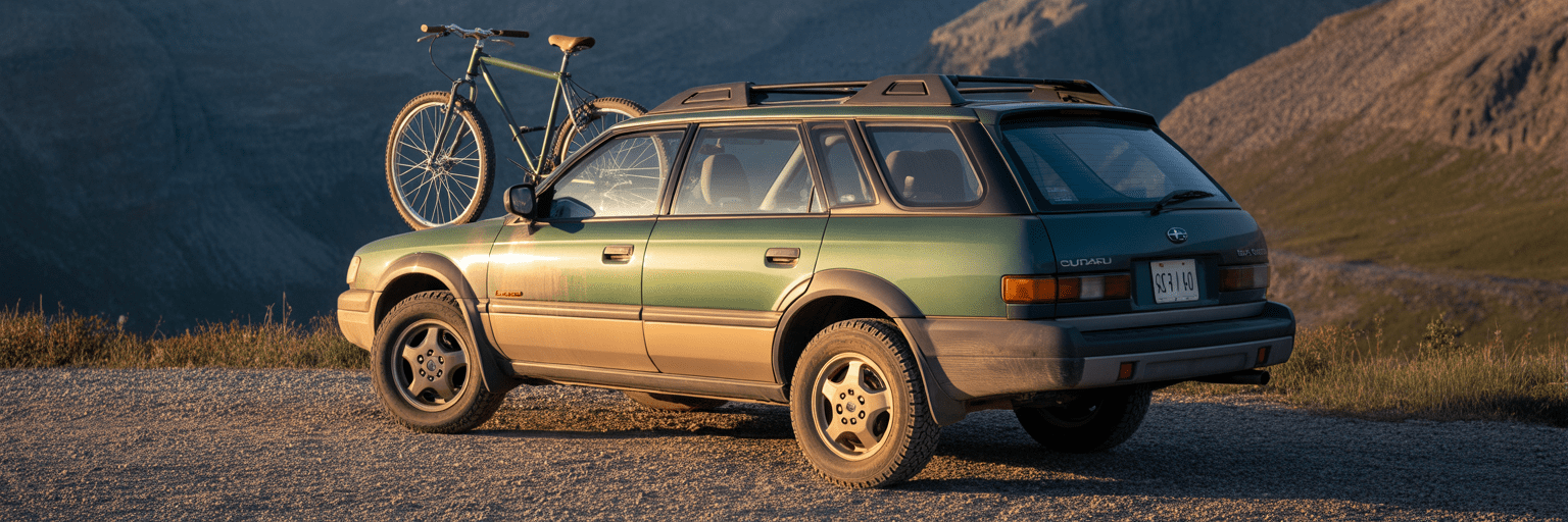 Vintage Subaru Outback in mountains.