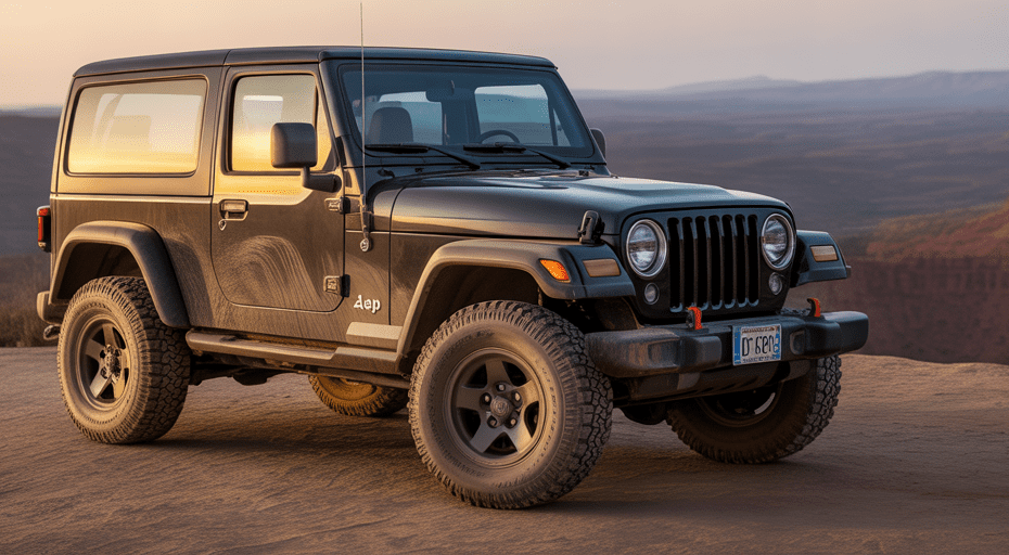 Dusty Jeep Wrangler at a scenic overlook at sunset.
