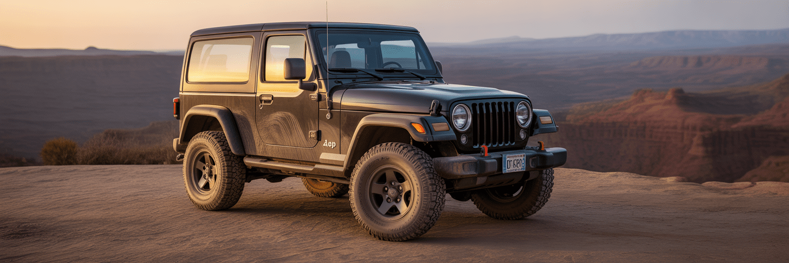 Dusty Jeep Wrangler at a scenic overlook at sunset.