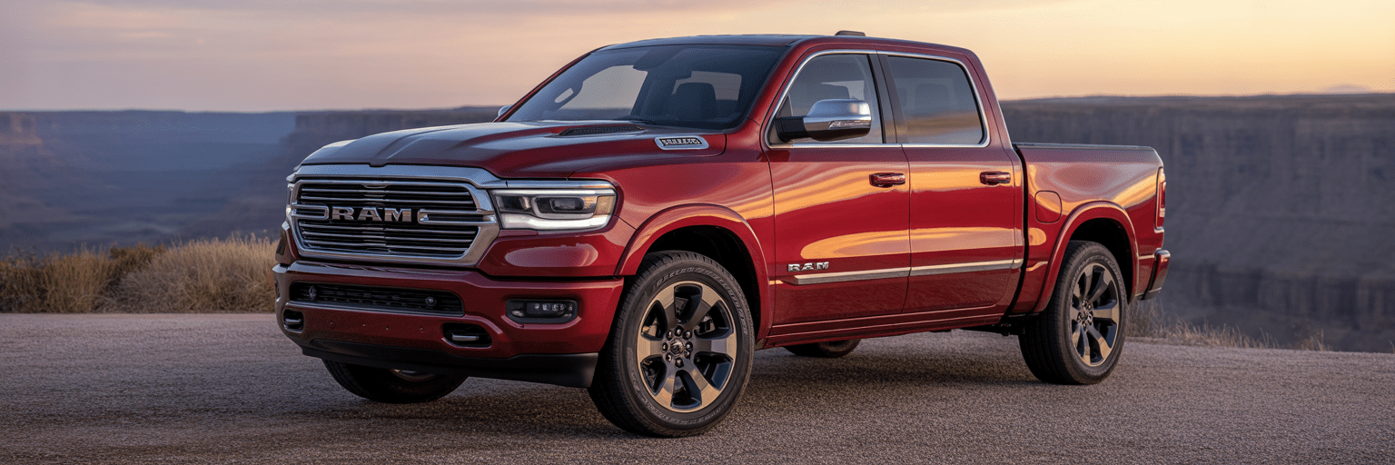 Red Ram 1500 truck at sunset overlook.