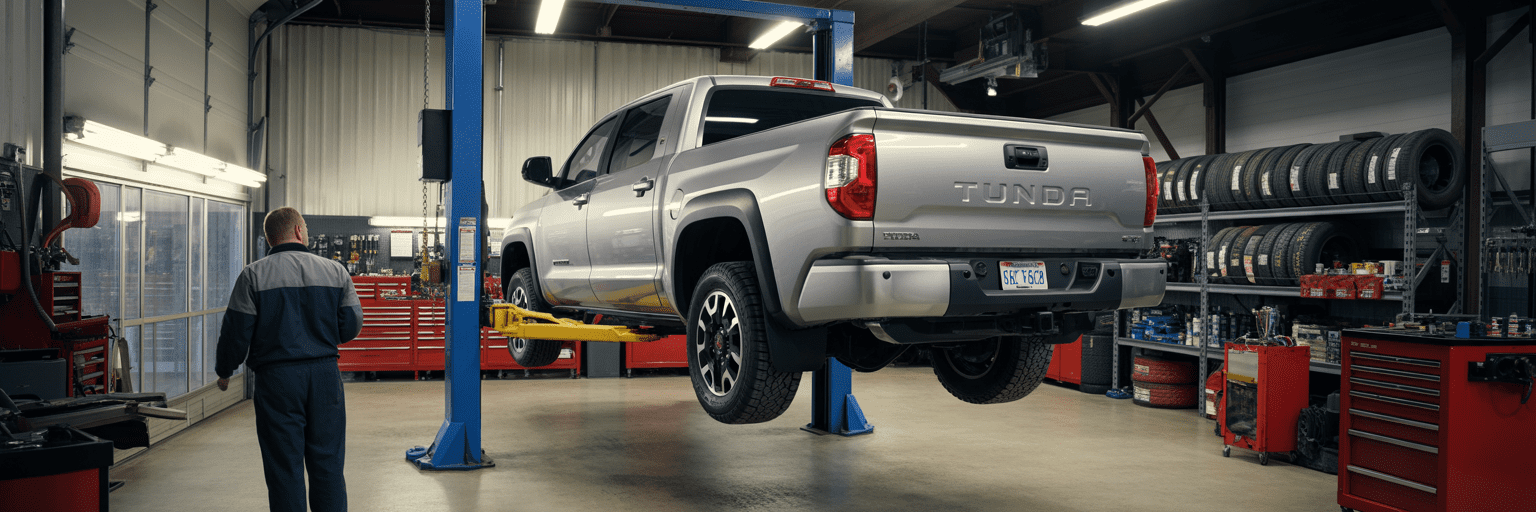 Toyota Tundra on a lift in a mechanic's shop.