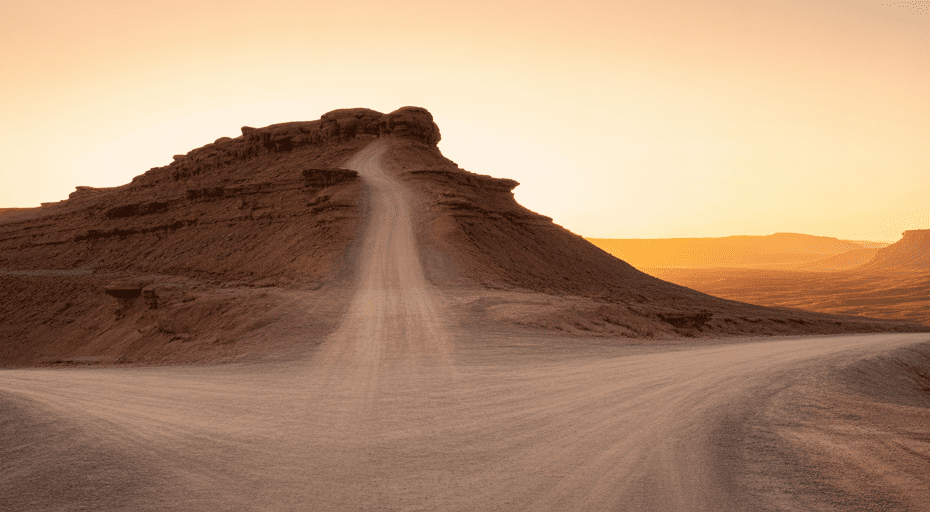 Diverging dirt paths in American desert landscape.