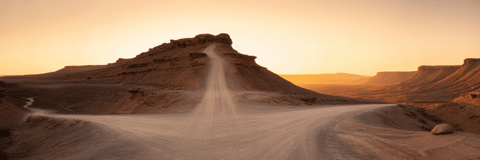 Diverging dirt paths in American desert landscape.