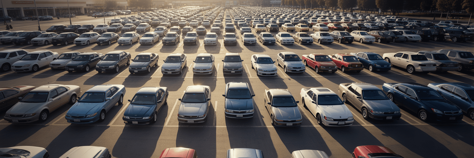 Aerial view of Camrys in American parking lot.