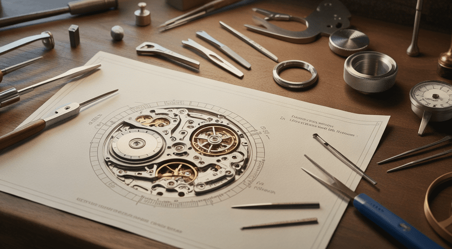 Watchmaking tools and schematics on workbench.