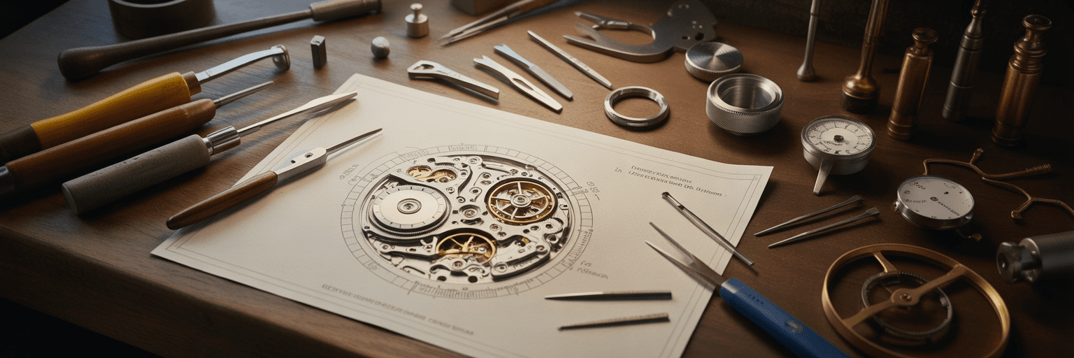 Watchmaking tools and schematics on workbench.