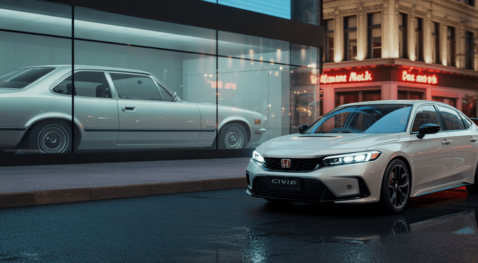 Modern and classic Honda Civics reflected.