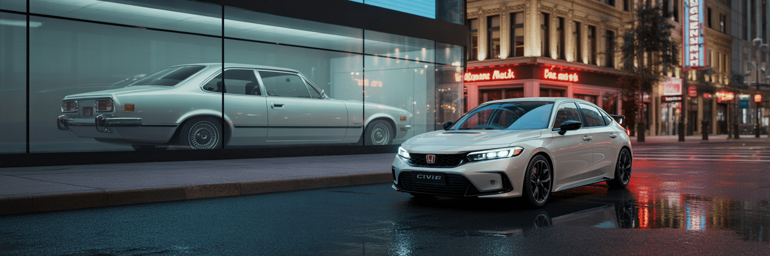 Modern and classic Honda Civics reflected.