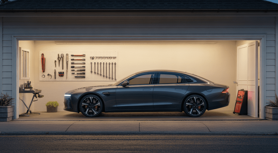Modern sedan in garage with professional tools.