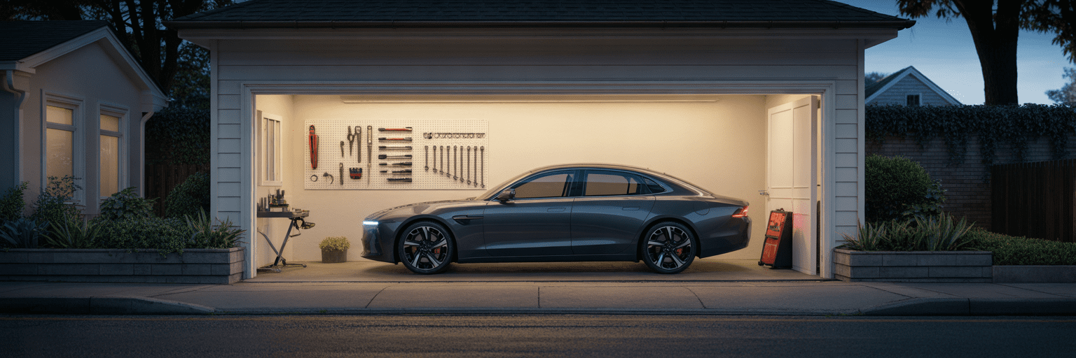 Modern sedan in garage with professional tools.