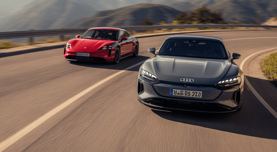 Porsche Taycan and Audi e-tron GT on mountain road.