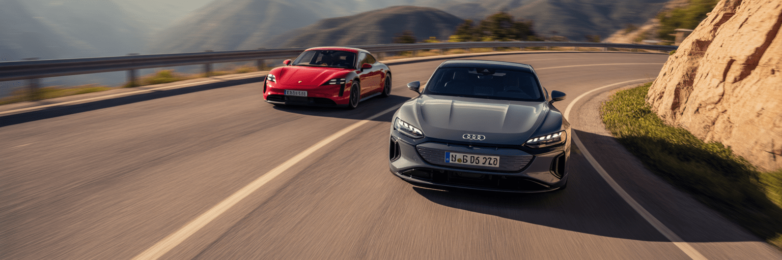 Porsche Taycan and Audi e-tron GT on mountain road.