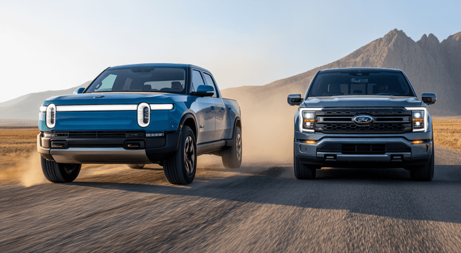Rivian R1T and Ford F-150 Lightning on gravel road.