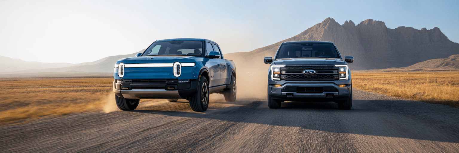 Rivian R1T and Ford F-150 Lightning on gravel road.