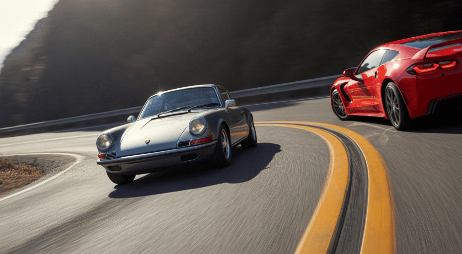 Porsche 911 and Corvette on winding road