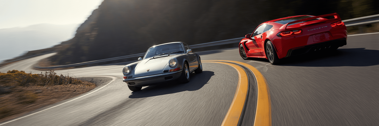 Porsche 911 and Corvette on winding road
