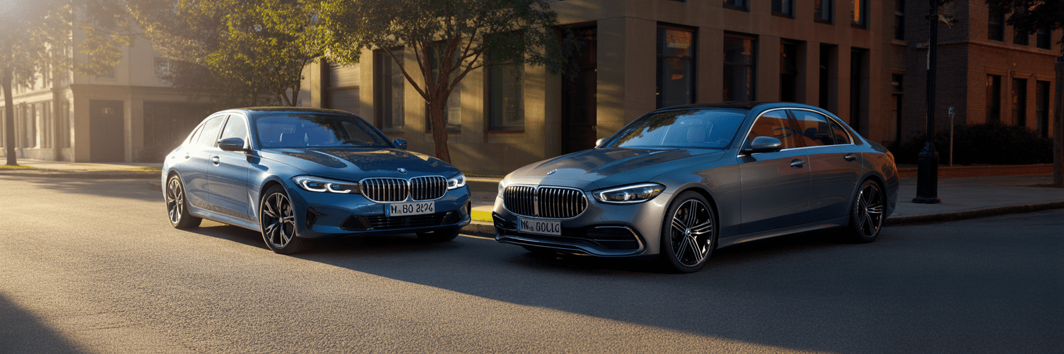 BMW 3 Series and Mercedes C-Class parked on street.