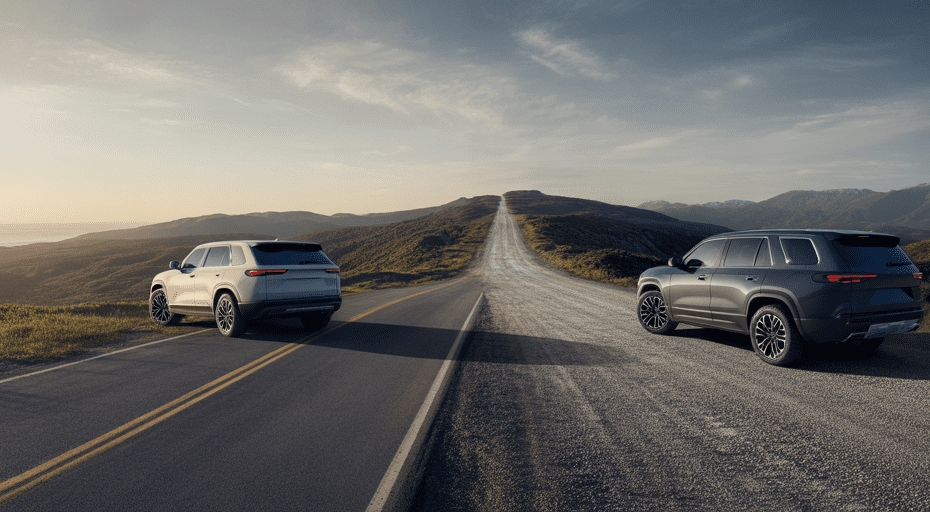 Two SUVs at a fork in the road