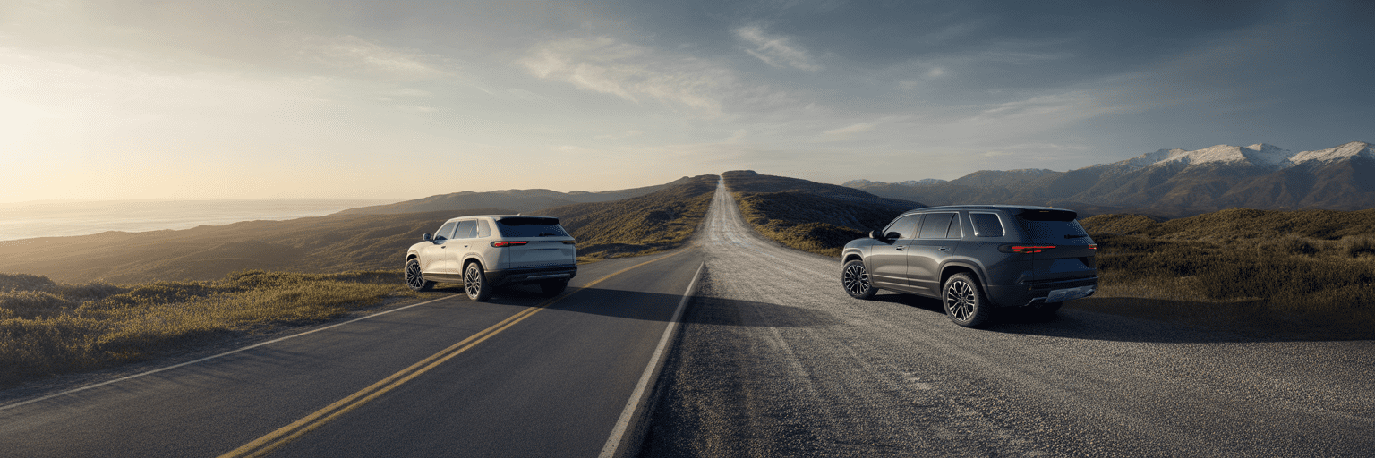 Two SUVs at a fork in the road