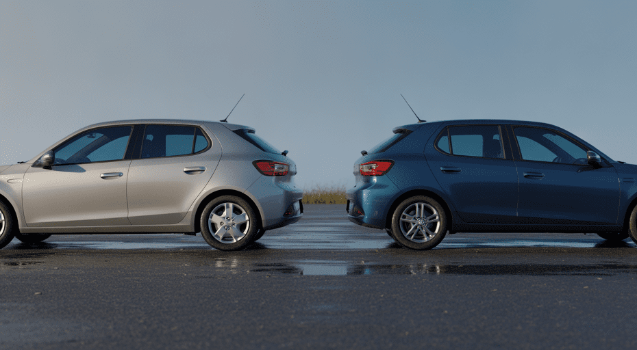 Two compact cars on wet driveway