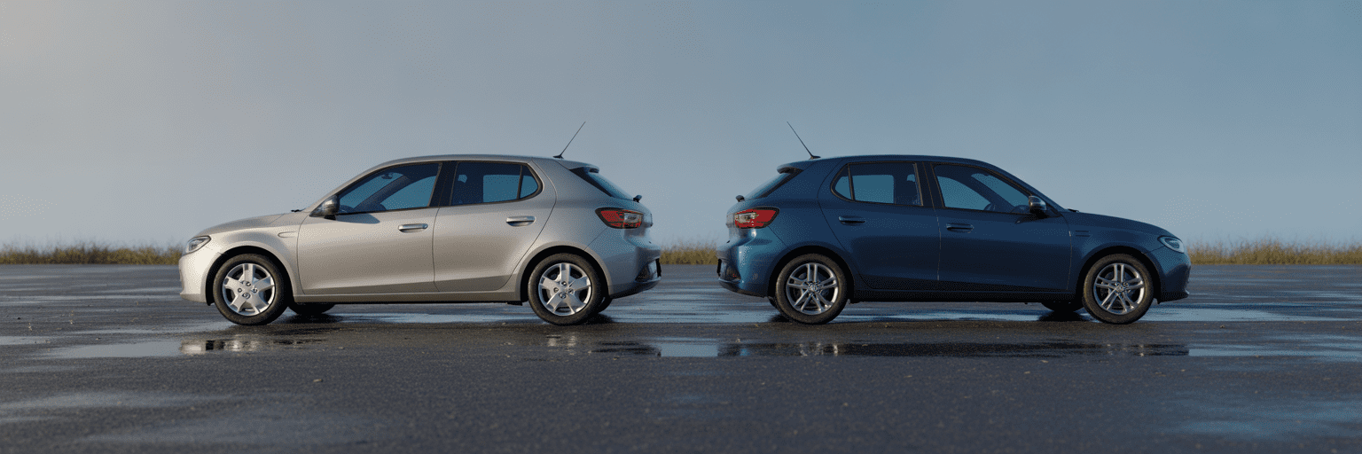 Two compact cars on wet driveway