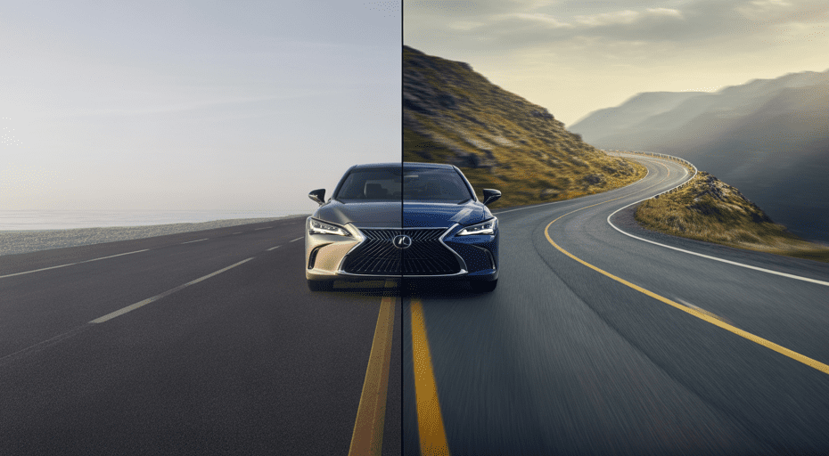 Split view of a straight road and a winding road.