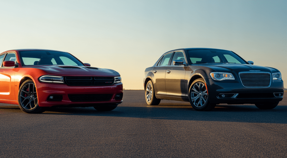 Dodge Charger and Chrysler 300 at sunset.