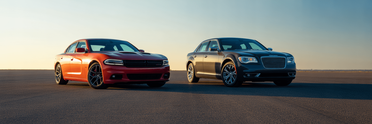 Dodge Charger and Chrysler 300 at sunset.