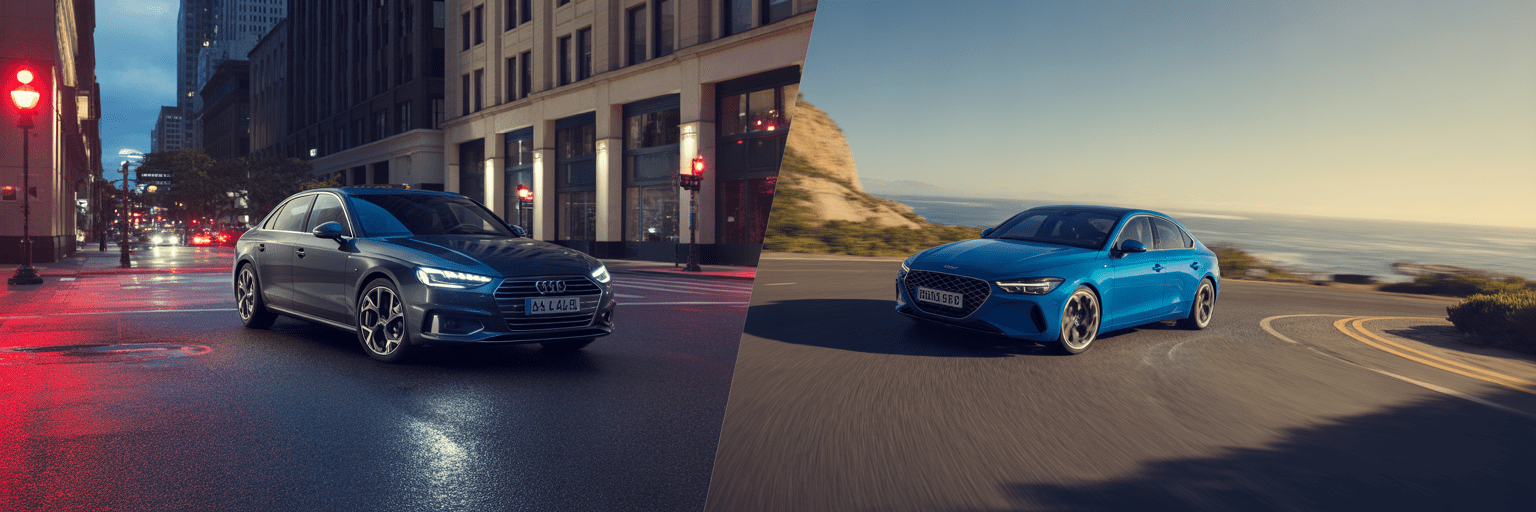 Audi A4 in city vs Genesis G70 on coastal road