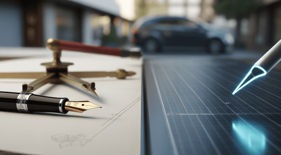 Classic fountain pen versus modern digital stylus.