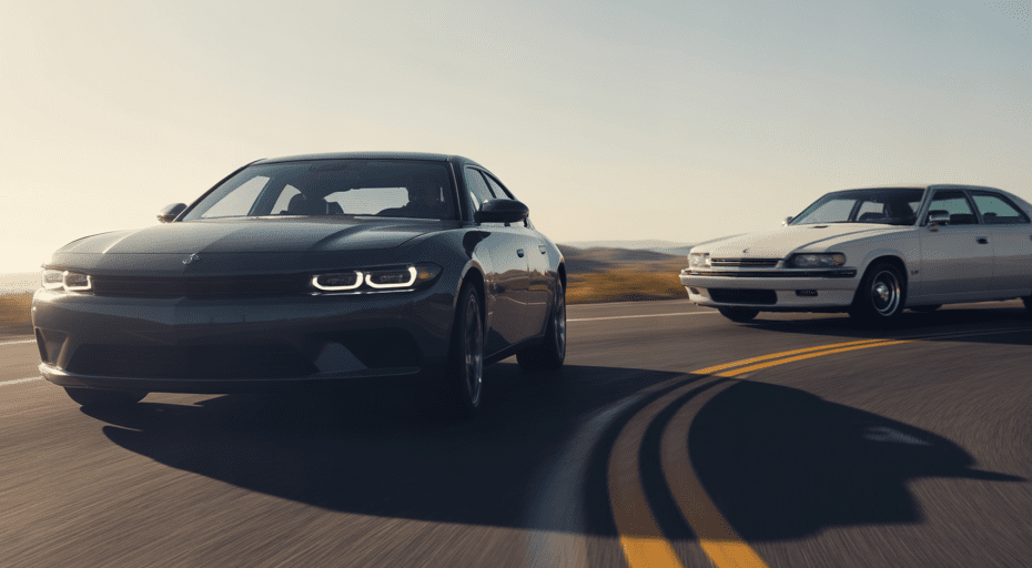 Two modern sedans driving on a scenic American highway at sunset.