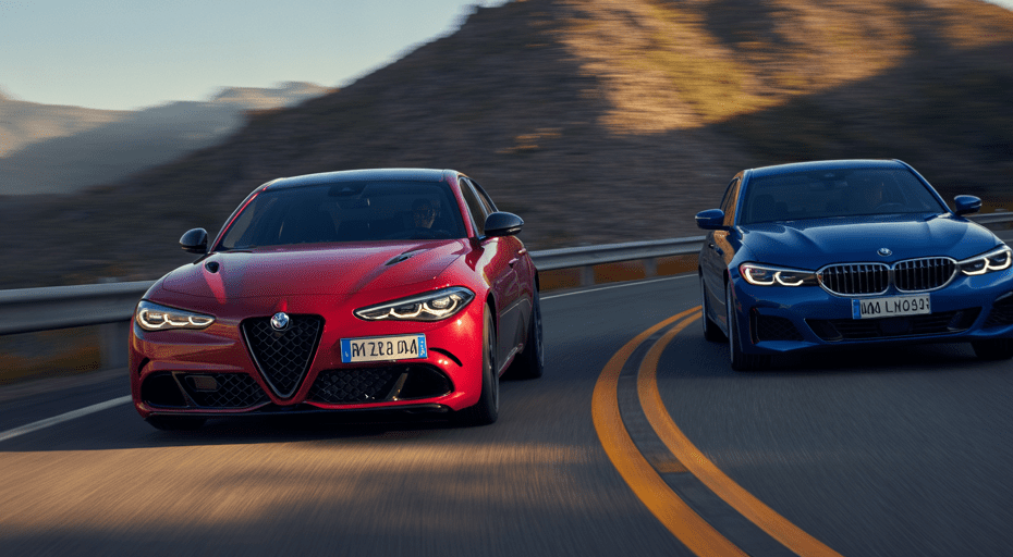 Alfa Romeo Giulia and BMW 330i on winding road