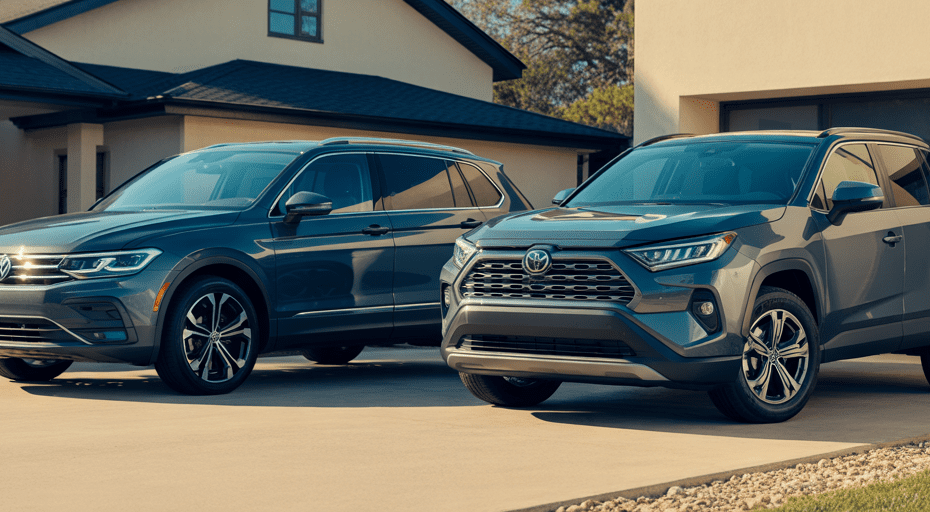 Volkswagen Tiguan and Toyota RAV4 in driveway.