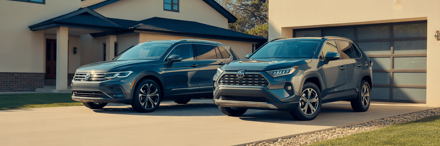 Volkswagen Tiguan and Toyota RAV4 in driveway.