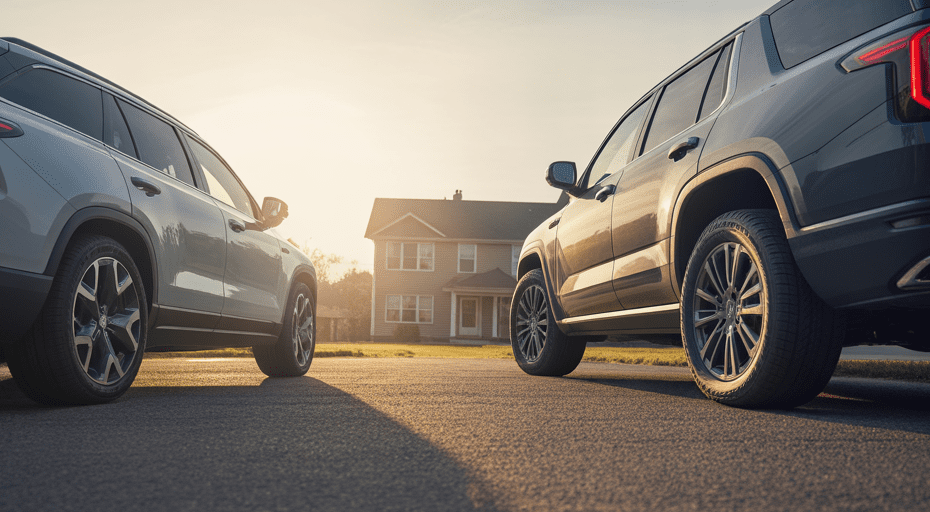 Two family SUVs parked in driveway