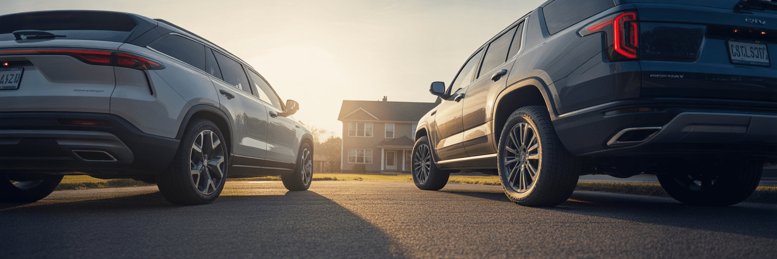 Two family SUVs parked in driveway