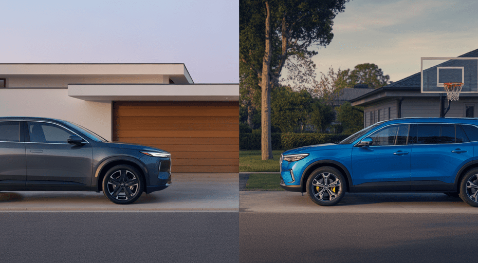 Two SUVs in driveways representing different lifestyles