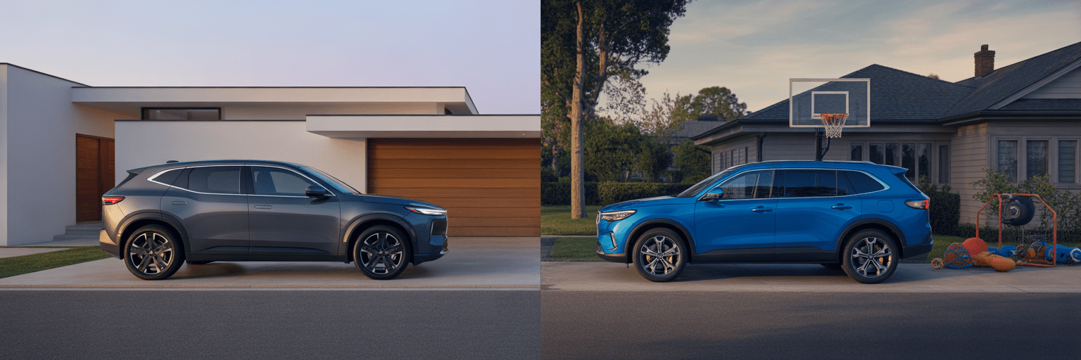 Two SUVs in driveways representing different lifestyles